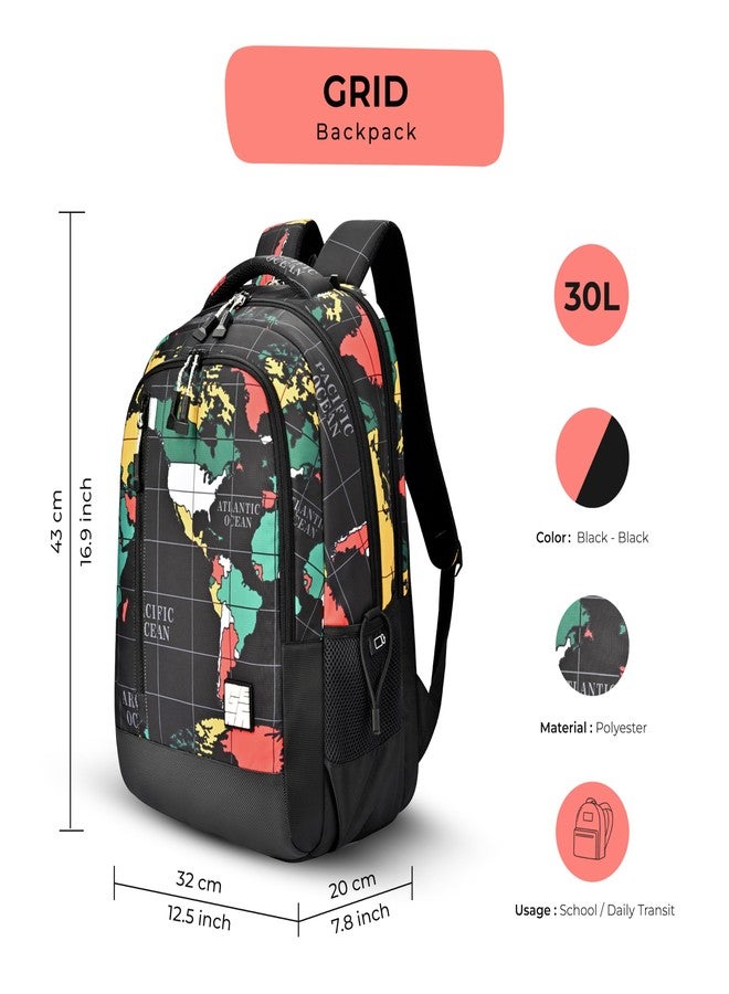 Gear Grid 5 Compartment Backpack 17"/30L Medium Water Resistant School Bag/Casual Backpack/Daypack/Kids Bag for Boys/Girls (Black-Black) - Image 2